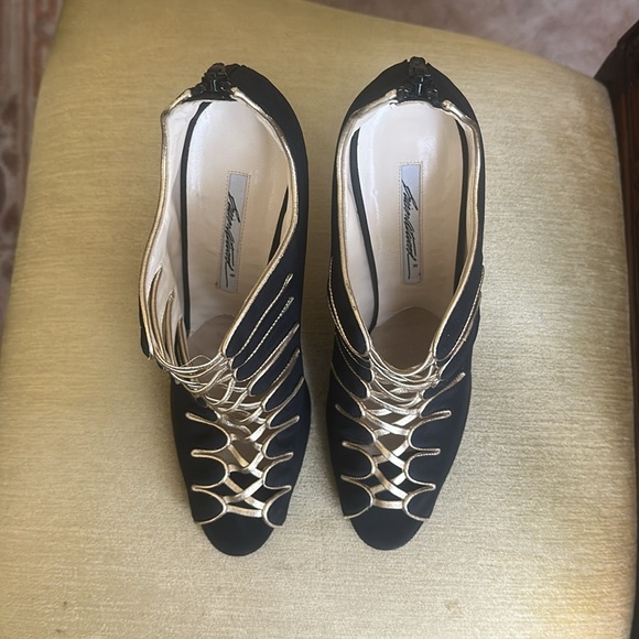 Brian Atwood Naiya Black and Gold Silk Crepe Peep-Toe High-Heel Bootie Size EU42 - Picture 8 of 16